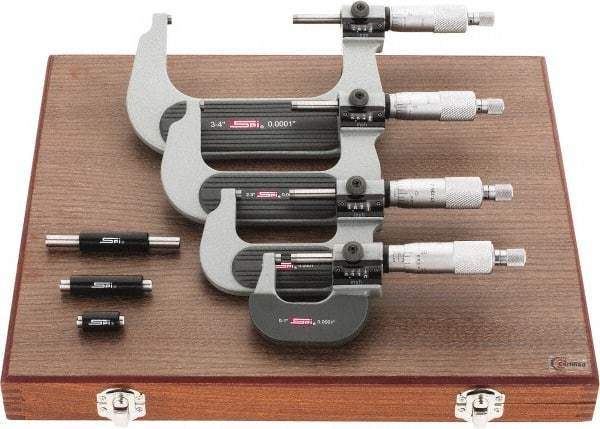 SPI - 0 to 4" Range, 4 Piece Mechanical Outside Micrometer Set - 0.0001" Graduation, 0.0001, 0.0002" Accuracy, Ratchet Stop Thimble, Carbide Face - All Tool & Supply