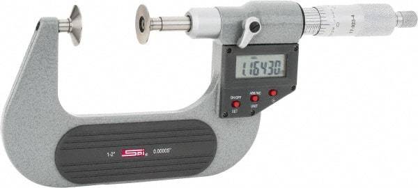 SPI - 1 to 2", IP54, Ratchet Stop Thimble, Electronic Disc Micrometer - 0.0002" Accuracy, 0.79" Disc, 0.00005" Resolution, 0.31" Spindle Diam, Steel Face, NIST Traceability Certification Included - All Tool & Supply