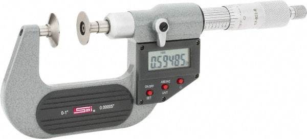 SPI - 0 to 1", IP54, Ratchet Stop Thimble, Electronic Disc Micrometer - 0.0001" Accuracy, 0.79" Disc, 0.00005" Resolution, 0.31" Spindle Diam, Steel Face, NIST Traceability Certification Included - All Tool & Supply