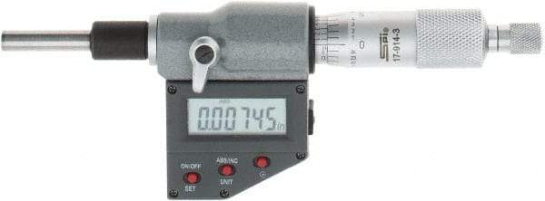 SPI - 0 to 25mm Range, 6.5mm Spindle Diameter, 28.5mm Spindle Length, 160mm OAL, Electronic Micrometer Head - 0.00005" Resolution, 0.0001" Accuracy, Carbide Measuring Face, Data Output - All Tool & Supply