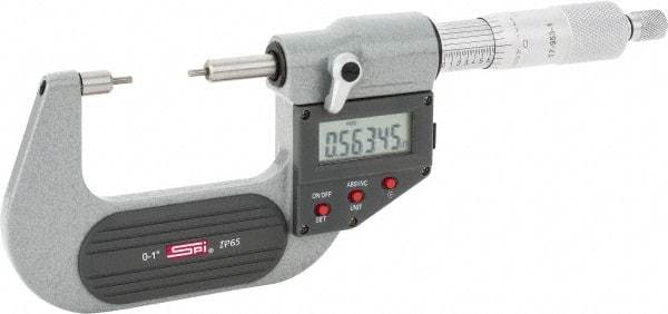 SPI - 0 to 1 Inch, 1.26 Inch Throat Depth, Electronic Spline Micrometer - 0.0001 Inch Accuracy, 0.00005 Inch Graduation, 0.25 Inch Spindle Diameter, 2mm Head Diameter, Ratchet Stop Thimble, Data Output - All Tool & Supply