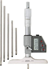 SPI - 0 to 150mm Range, 4" Base Length, 6 Rods, Ratchet Stop Thimble, Electronic Depth Micrometer - IP65, 0.00005" Resolution, Accurate to 0.005mm, 0.176" Rod Diam, LR44 Battery, Data Output - All Tool & Supply