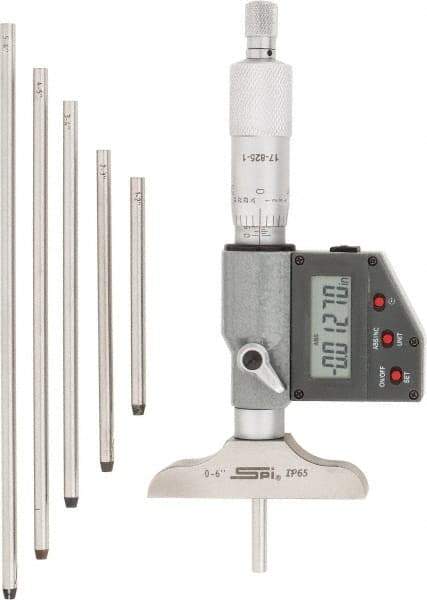 SPI - 0 to 150mm Range, 2-1/2" Base Length, 6 Rods, Ratchet Stop Thimble, Electronic Depth Micrometer - IP65, 0.00005" Resolution, Accurate to 0.005mm, 0.176" Rod Diam, LR44 Battery, Data Output - All Tool & Supply