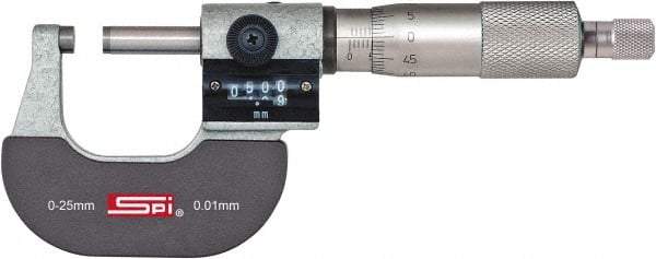 SPI - 0 to 25mm Range, 0.01mm Graduation, Mechanical Outside Micrometer - Ratchet Stop Thimble, 24mm Throat Depth, Accurate to 0.004mm, Digital Counter - All Tool & Supply