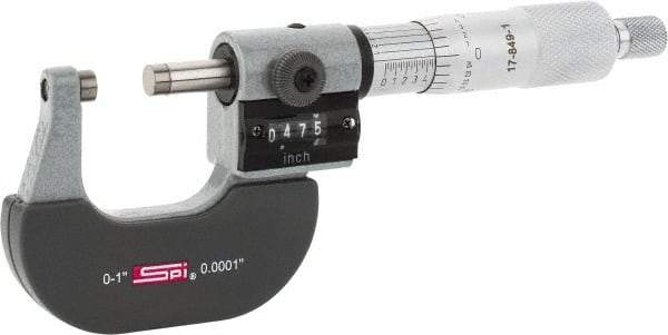 SPI - 0 to 1" Range, 0.0001" Graduation, Mechanical Outside Micrometer - Ratchet Stop Thimble, 0.95" Throat Depth, Accurate to 0.0001", Digital Counter - All Tool & Supply