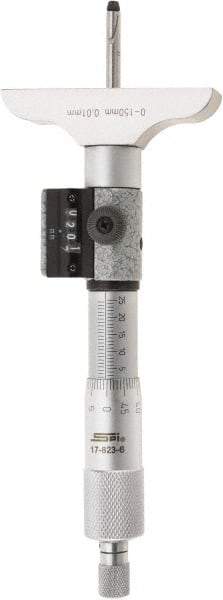 SPI - 0 to 150mm Range, 6 Rod, Mechanical Depth Micrometer - Ratchet Stop Thimble, 63mm Base Length, 0.01mm Graduation, 4.5mm Rod Diam - All Tool & Supply