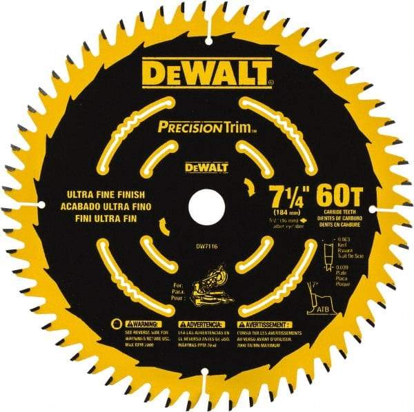 DeWALT - 7-1/4" Diam, 5/8" Arbor Hole Diam, 60 Tooth Wet & Dry Cut Saw Blade - Tungsten Carbide-Tipped, Smooth Action, Standard Round Arbor - All Tool & Supply