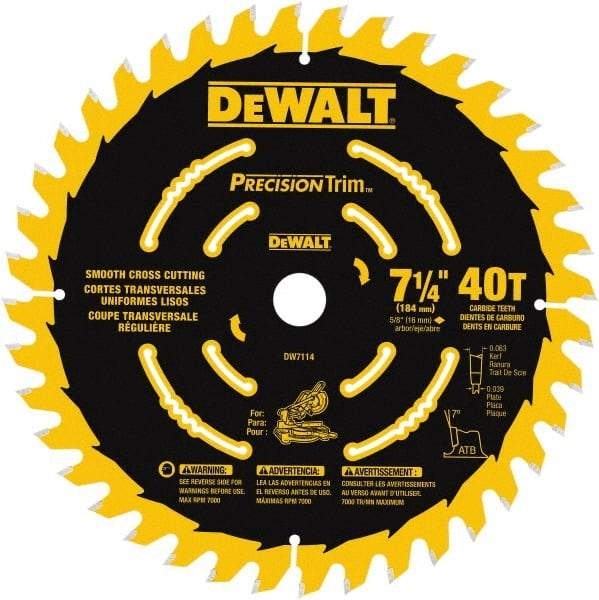 DeWALT - 7-1/4" Diam, 5/8" Arbor Hole Diam, 40 Tooth Wet & Dry Cut Saw Blade - Tungsten Carbide-Tipped, Smooth Action, Standard Round Arbor - All Tool & Supply