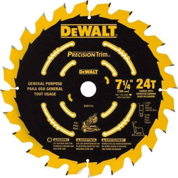 DeWALT - 7-1/4" Diam, 5/8" Arbor Hole Diam, 24 Tooth Wet & Dry Cut Saw Blade - Tungsten Carbide-Tipped, Smooth Action, Standard Round Arbor - All Tool & Supply