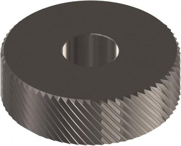 Made in USA - 3/4" Diam, 90° Tooth Angle, 12 TPI, Beveled Face, Form Type Cobalt Left-Hand Diagonal Knurl Wheel - 3/8" Face Width, 1/4" Hole, Circular Pitch, 30° Helix, Ferritic Nitrocarburizing Finish, Series KP - Exact Industrial Supply