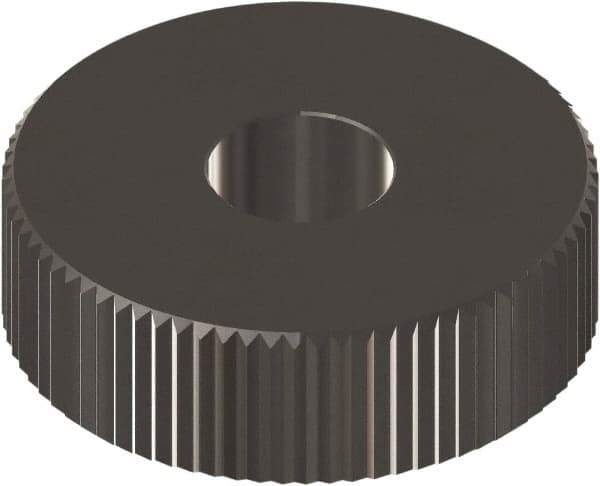 Made in USA - 3/4" Diam, 90° Tooth Angle, 8 TPI, Beveled Face, Form Type Cobalt Straight Knurl Wheel - 3/8" Face Width, 1/4" Hole, Circular Pitch, 0° Helix, Ferritic Nitrocarburizing Finish, Series KP - Exact Industrial Supply