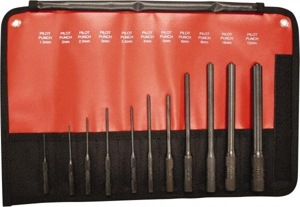 Mayhew - 11 Piece, 1.5 to 12mm, Pilot & Pin Punch Set - Hex Shank, Steel, Comes in Kit Bag - All Tool & Supply