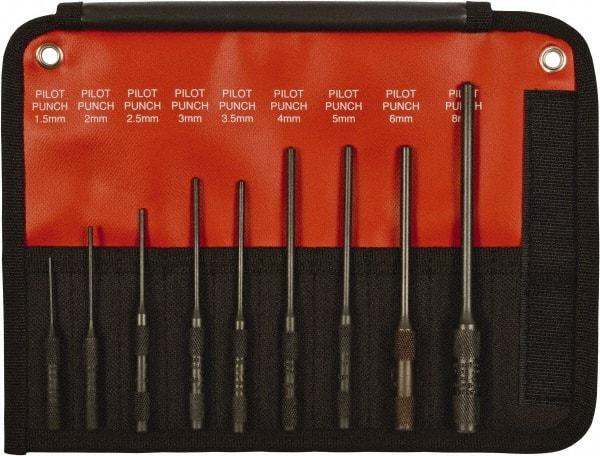 Mayhew - 9 Piece, 1.5 to 8mm, Pin & Pilot Punch Set - Hex Shank, Steel, Comes in Kit Bag - All Tool & Supply