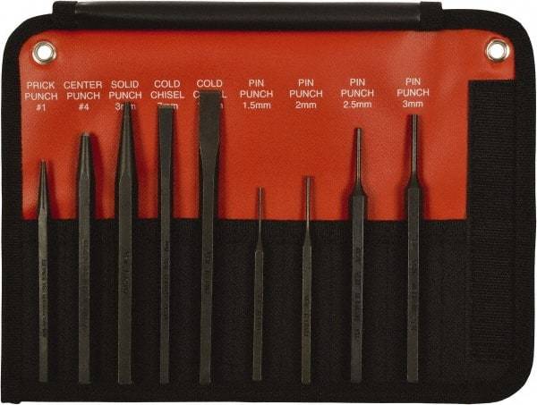 Mayhew - 9 Piece, 9/32 to 5/32", Pin Punch Set - Hex Shank, Steel, Comes in Kit Bag - All Tool & Supply