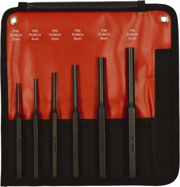 Mayhew - 6 Piece, 3 to 10mm, Pin Punch Set - Hex Shank, Steel, Comes in Kit Bag - All Tool & Supply