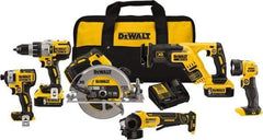 DeWALT - 20 Volt Cordless Tool Combination Kit - Includes 1/2" Brushless Hammerdrill, 1/4" Brushless Impact Driver, Brushless Reciprocating Saw, 7-1/2" Brushless Circular Saw, Cut-Off Tool/Grinder & LED Worklight, Lithium-Ion Battery Included - All Tool & Supply