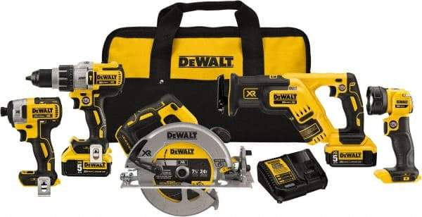 DeWALT - 20 Volt Cordless Tool Combination Kit - Includes 1/2" Brushless Hammerdrill, 1/4" Brushless Impact Driver, Brushless Reciprocating Saw, 7-1/2" Brushless Circular Saw & LED Worklight, Lithium-Ion Battery Included - All Tool & Supply