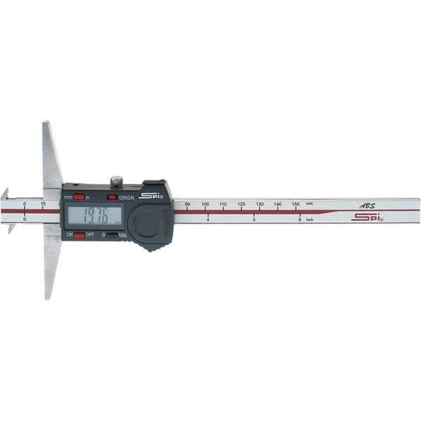 SPI - 0" to 150mm Stainless Steel Electronic Depth Gage - 0.02mm Accuracy, 0.01mm Resolution, 100mm Base Length, Hook Included - All Tool & Supply