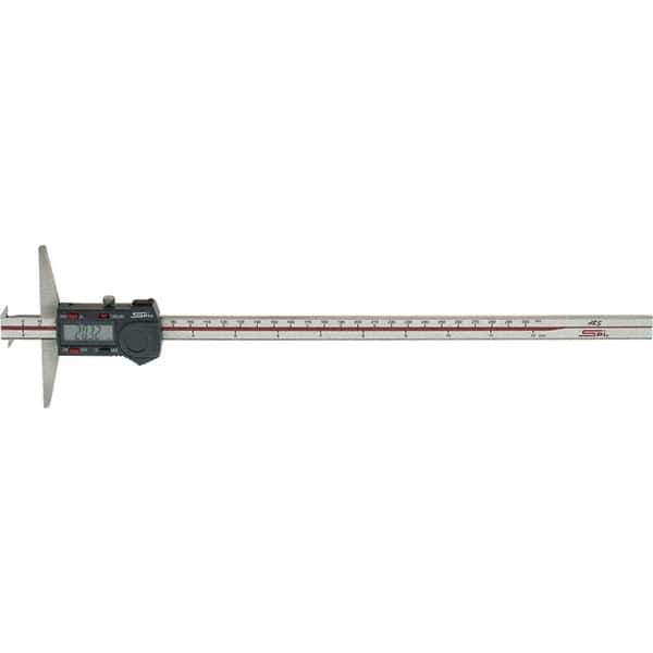 SPI - 0" to 300mm Stainless Steel Electronic Depth Gage - 0.04mm Accuracy, 0.01mm Resolution, 100mm Base Length, Hook Included - All Tool & Supply