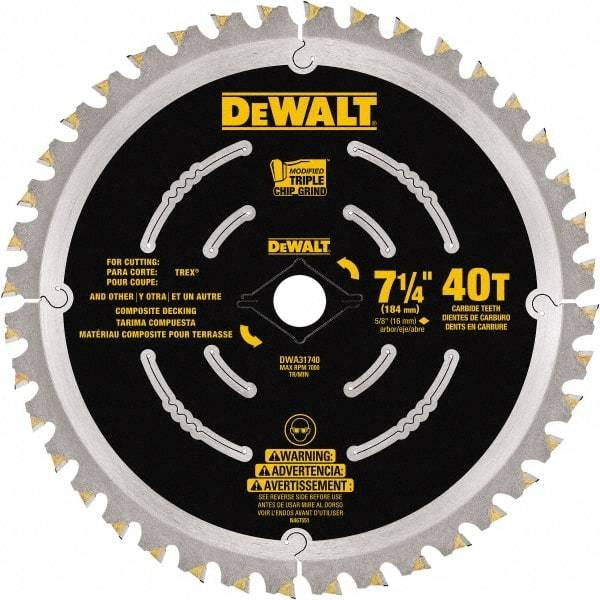 DeWALT - 7-1/4" Diam, 15.88mm Arbor Hole Diam, 40 Tooth Wet & Dry Cut Saw Blade - Steel, Framing Action, Standard Round Arbor - All Tool & Supply