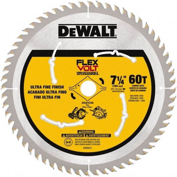 DeWALT - 7-1/4" Diam, 15.88mm Arbor Hole Diam, 60 Tooth Wet & Dry Cut Saw Blade - Steel, Smooth Action, Standard Round Arbor - All Tool & Supply