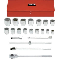 Proto - 22 Piece 1" Drive Chrome Finish Socket Set - 12 Points, 1-1/2" to 3-1/2" Range, Inch Measurement Standard - All Tool & Supply