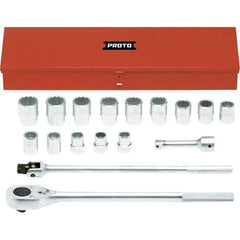 Proto - 17 Piece 1" Drive Chrome Finish Socket Set - 12 Points, 1-1/16" to 2" Range, Inch Measurement Standard - All Tool & Supply