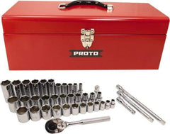 Proto - 39 Piece 3/8" & 1/2" Drive Chrome Finish Deep Well Socket Set - 6 Points, 5/16" to 1" Range, Inch Measurement Standard - All Tool & Supply