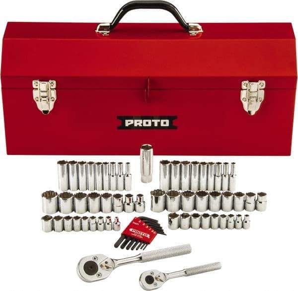 Proto - 63 Piece 1/4" & 3/8" Drive Chrome Finish Deep Well Socket Set - 6, 12 Points, 1/8" to 3/4" (5mm to 18mm) Range, Inch/Metric Measurement Standard - All Tool & Supply