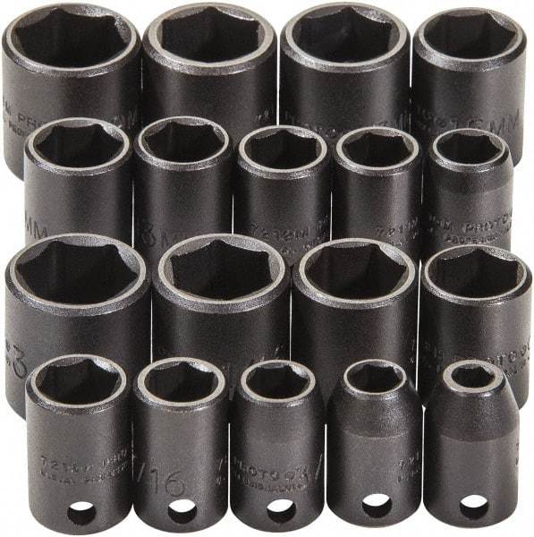 Proto - 18 Piece 3/8" Drive Black Finish Impact Socket Set - 6 Points, 1/4" to 3/4" (10mm to 19mm) Range, Inch/Metric Measurement Standard - All Tool & Supply