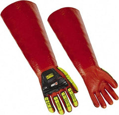 Ringers Gloves - Size L (10), 17" Long, 10 mil Thick, PVC Chemical Resistant Gloves - Textured Finish, KEVLAR Lined, Gauntlet Cuff, ANSI Abrasion Level 4, ANSI Cut Level 3, Hi-Viz Yellow/Red - All Tool & Supply