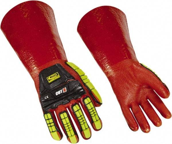 Ringers Gloves - Size M (10), 14" Long, 10 mil Thick, PVC Chemical Resistant Gloves - Textured Finish, KEVLAR Lined, Gauntlet Cuff, ANSI Abrasion Level 4, ANSI Cut Level 3, Hi-Viz Yellow/Red - All Tool & Supply