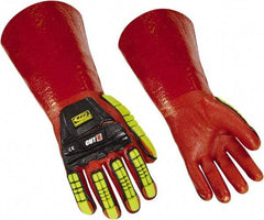 Ringers Gloves - Size XL (12), 14" Long, 10 mil Thick, PVC Chemical Resistant Gloves - Textured Finish, KEVLAR Lined, Gauntlet Cuff, ANSI Abrasion Level 4, ANSI Cut Level 3, Hi-Viz Yellow/Red - All Tool & Supply