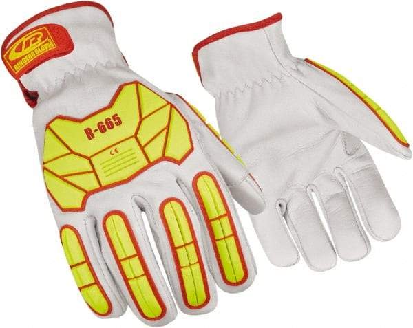 Ringers Gloves - Size XL (11), ANSI Cut Lvl A5, Goatskin Leather Cut Resistant Gloves - Hook & Loop Cuff, White/Hi-Vis Yellow, Paired - All Tool & Supply