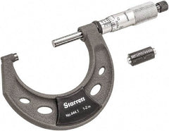 Starrett - 1 to 2" Range, 0.0001" Graduation, Mechanical Outside Micrometer - Ratchet Thimble, 1-1/4" Throat Depth, Accurate to 0.0001" - All Tool & Supply