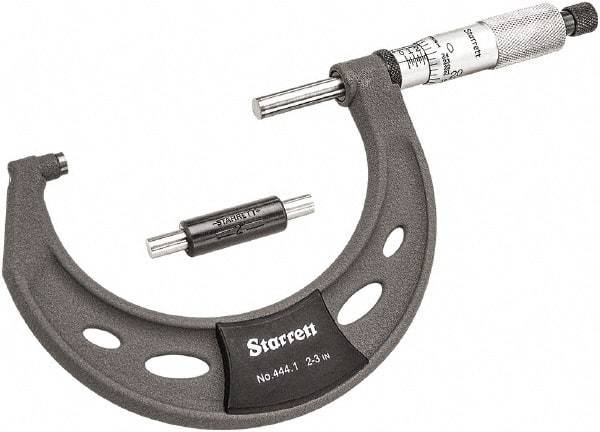 Starrett - 2 to 3" Range, 0.0001" Graduation, Mechanical Outside Micrometer - Ratchet Thimble, 1-3/4" Throat Depth, Accurate to 0.0001" - All Tool & Supply