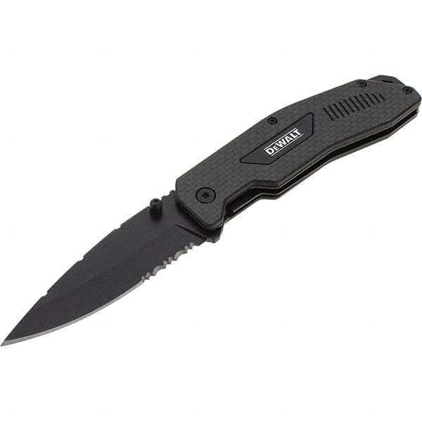 Stanley - 3-1/2" Blade, 8" OAL, Serrated & Straight Pocket Knife - 4-3/4" Closed Length, Carbon Fiber, 1 Blade, 1 Edge - All Tool & Supply