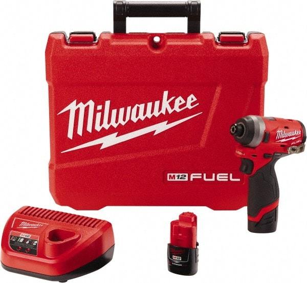 Milwaukee Tool - 1/4" Drive 12 Volt Pistol Grip Cordless Impact Wrench & Ratchet - 3,300 RPM, 0 to 4,000 BPM, 1,300 Ft/Lb Torque, 2 Lithium-Ion Batteries Included - All Tool & Supply