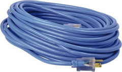 Southwire - 100', 14/3 Gauge/Conductors, Blue & Yellow Industrial Extension Cord - 3 Receptacles, 10 Amps, 125 VAC, UL SJTW, NEMA 5-15P - All Tool & Supply