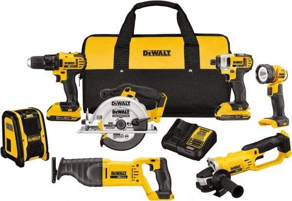 DeWALT - 20 Volt Cordless Tool Combination Kit - Includes 1/2" Compact Drill/Driver, 1/4" Impact Driver, Cut-off Tool/Grinder, Reciprocating Saw, 6-1/2 Circular Saw, LED Worklight & Bluetooth Speaker, Lithium-Ion Battery Included - All Tool & Supply