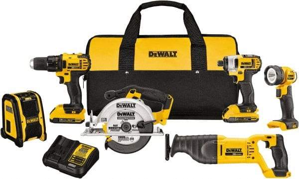 DeWALT - 20 Volt Cordless Tool Combination Kit - Includes 1/2" Compact Drill/Driver, 1/4" Impact Driver, Reciprocating Saw, 6-1/2 Circular Saw, LED Worklight & Bluetooth Speaker, Lithium-Ion Battery Included - All Tool & Supply