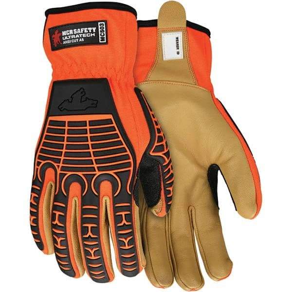 MCR Safety - Size M ANSI Cut Lvl A5, Abrasion Lvl 4, Goatskin Cut Resistant Gloves - Uncoated, Dyneema Diamond Lining, Slip-On Cuff, Orange/Gold, Paired - All Tool & Supply