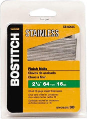 Stanley Bostitch - 16 Gauge 1/16" Shank Diam 2-1/2" Long Finishing Nails for Power Nailers - Stainless Steel, Smooth Shank, Straight Stick Adhesive Collation, Round Head, Chisel Point - All Tool & Supply