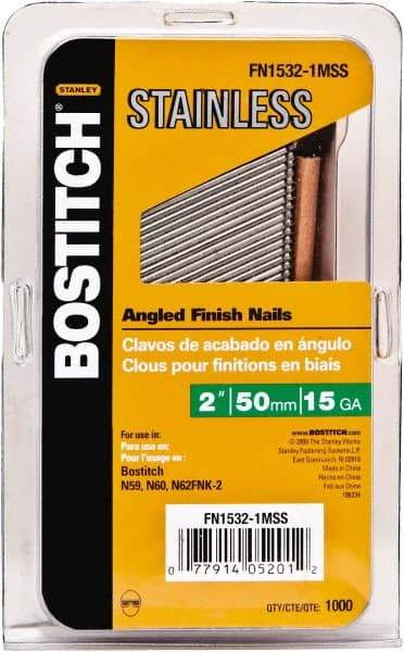 Stanley Bostitch - 15 Gauge 0.07" Shank Diam 2" Long Finishing Nails for Power Nailers - Stainless Steel, Smooth Shank, Angled Stick Adhesive Collation, Round Head, Chisel Point - All Tool & Supply