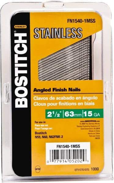 Stanley Bostitch - 15 Gauge 0.07" Shank Diam 2-1/2" Long Finishing Nails for Power Nailers - Stainless Steel, Smooth Shank, Angled Stick Adhesive Collation, Round Head, Chisel Point - All Tool & Supply