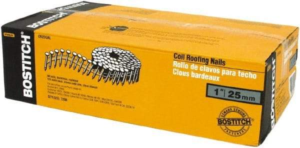 Stanley Bostitch - 13 Gauge 1" Long Roofing Nails for Power Nailers - Steel, Galvanized Finish, Smooth Shank, Coil Wire Collation, Round Head, Diamond Point - All Tool & Supply