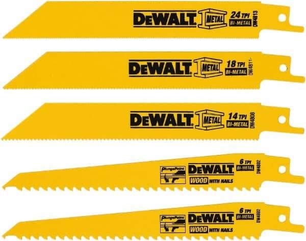 DeWALT - 5 Pieces, 6" Long x 0.04" Thickness, Bi-Metal Reciprocating Saw Blade Set - Straight Profile, 6 to 18 Teeth, Toothed Edge - All Tool & Supply