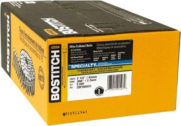 Stanley Bostitch - 13 Gauge 2-1/2" Long Siding Nails for Power Nailers - Steel, Galvanized Finish, Smooth Shank, Coil Wire Collation, Round Head, Blunt Diamond Point - All Tool & Supply