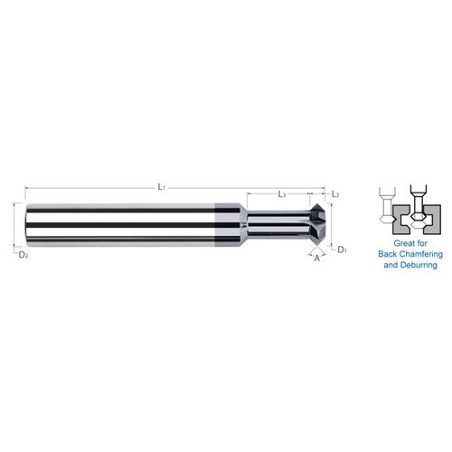 Double Angle Shank Cutters - 0.1250″ (1/8″) Cutter Diameter × 0.0290″ Width × 0.1870″ (3/16″) Neck Length Carbide Double Angle Shank Cutter, 4 Flutes, AlTiN Coated - Exact Industrial Supply