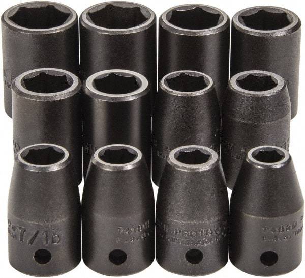 Proto - 12 Piece 1/2" Drive Full Polish Finish Impact Socket Set - 6 Points, 3/4" to 3/4" (8mm to 19mm) Range, Inch/Metric Measurement Standard - All Tool & Supply